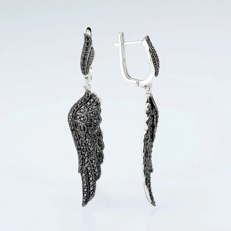 SANTUZZA Silver Earrings For Women Pure 925 Sterling Silver Black Spinel Angel's Wing Elegant brincos Dangling Fine Jewelry