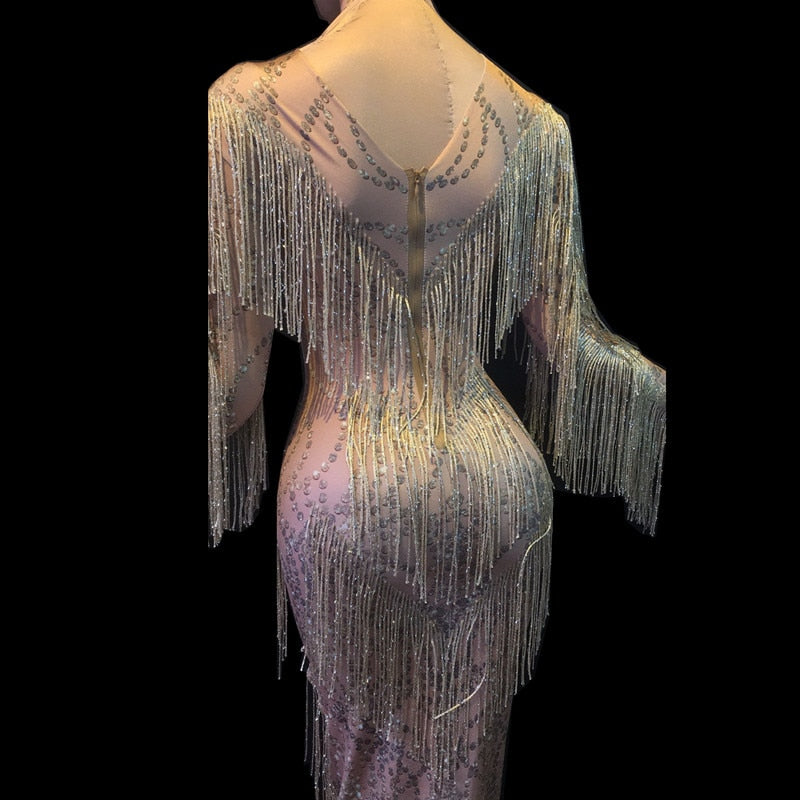 Sexy Singer Host Stage Wear Celebration Performance Costume Nightclub Fringes Dress Crystals Tassels Sleeve Stretch Long Dress