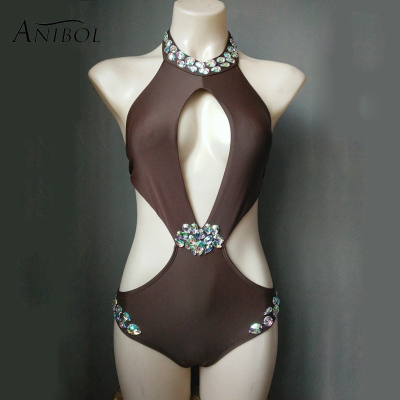 Sexy Backless Rhinestone Women Swimsuit Crystal Diamond One-Piece Swimwear Hollow Out Halter Bathing Suit Girls Auburn