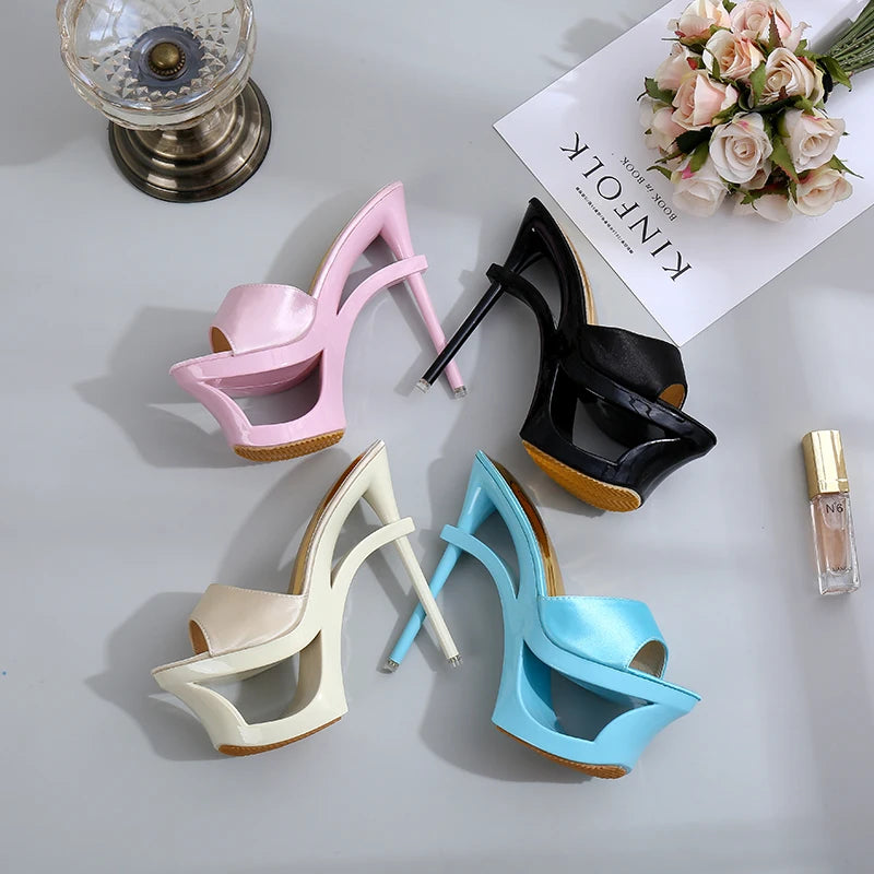 Shoes Woman Summer Slippers Sliders Female+Shoes 2024 Platform Silk Strange Style Heel 15cm Satin Face Shoes Sandalias Mujer