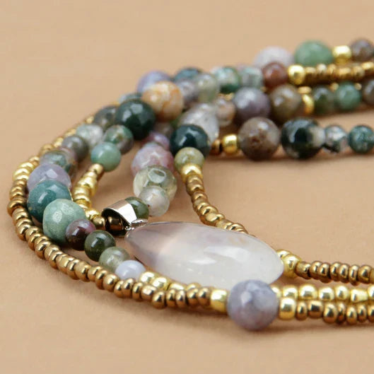 New Natural India Onyx with Seed Beads Teardop Pendant 3 Layered Necklace Bohemia Beaded Statement Necklaces Dropshipping