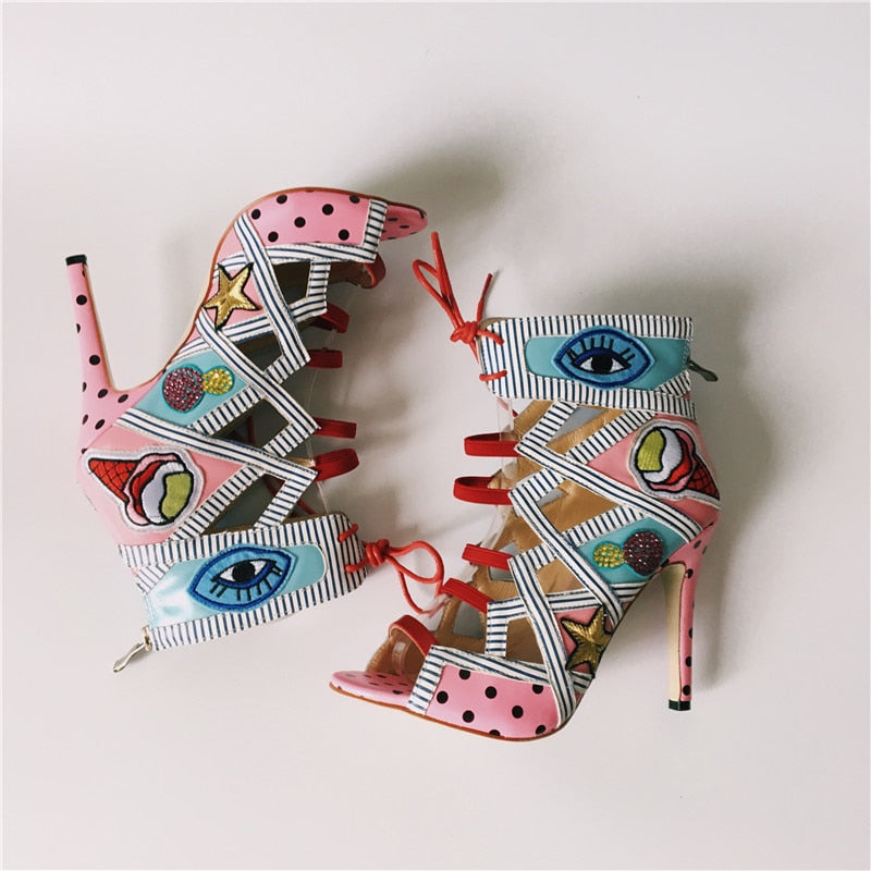 Women Summer Sandals Colorful Embroider High Heels Sandalias Fashion Zapatos Mujer Lace Up Pumps Prom Booties