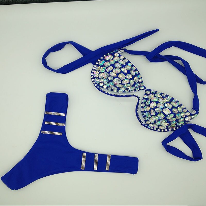 Rhinestone Triangle Bikini Luxury Crystal Diamond Women's Swimsuit Sexy Push Up Gathered Swimwear Biquini F102blue