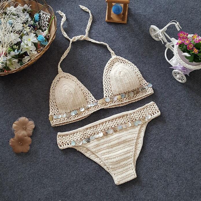 Shell Crochet 2 Pieces Bikini Set Sexy - Adjustable Strings Swimsuit Bra Wrapped Chest - Bikinis Handmade Knitted Swimwear S0682