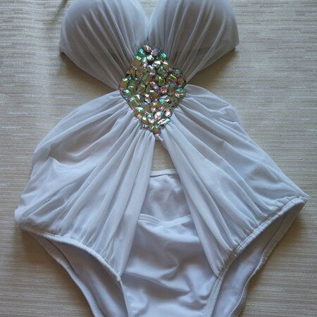 Rhinestone One Piece Push Up Swimwear Luxury Diamond Women White Swimsuit Black Sexy Girls Bathing Suit White