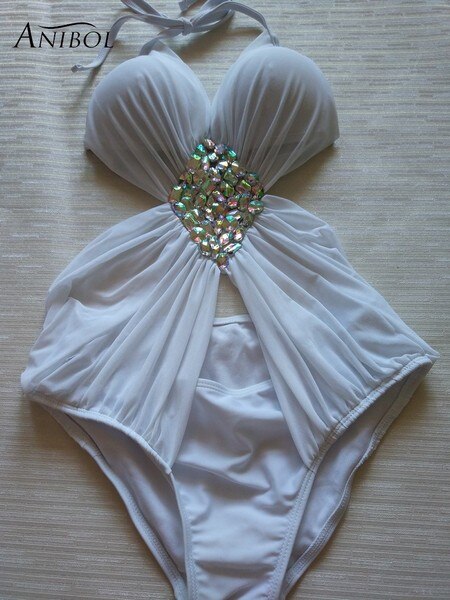 Rhinestone One Piece Push Up Swimwear Luxury Diamond Women White Swimsuit Black Sexy Girls Bathing Suit White