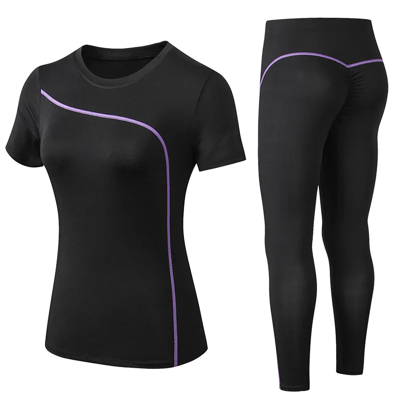 Yoga Set Quick Dry 2 Piece Female Short-sleeved long Pants Outdoor Sportswear Fitness suit Plus Size Sport outfit for woman PURPLE