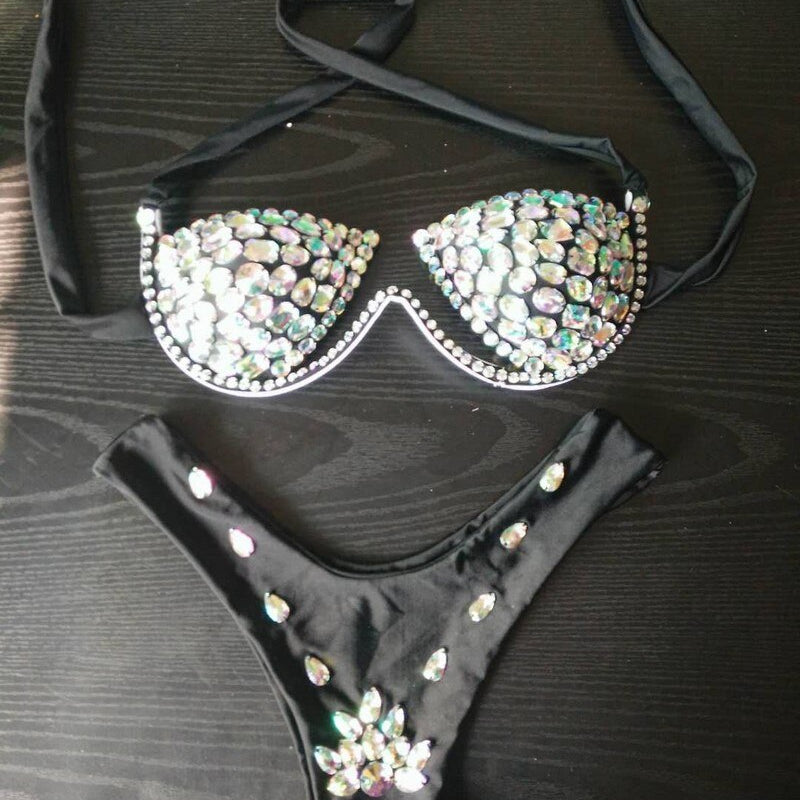 Rhinestone Triangle Bikini Luxury Crystal Diamond Women's Swimsuit Sexy Push Up Gathered Swimwear Biquini F094black