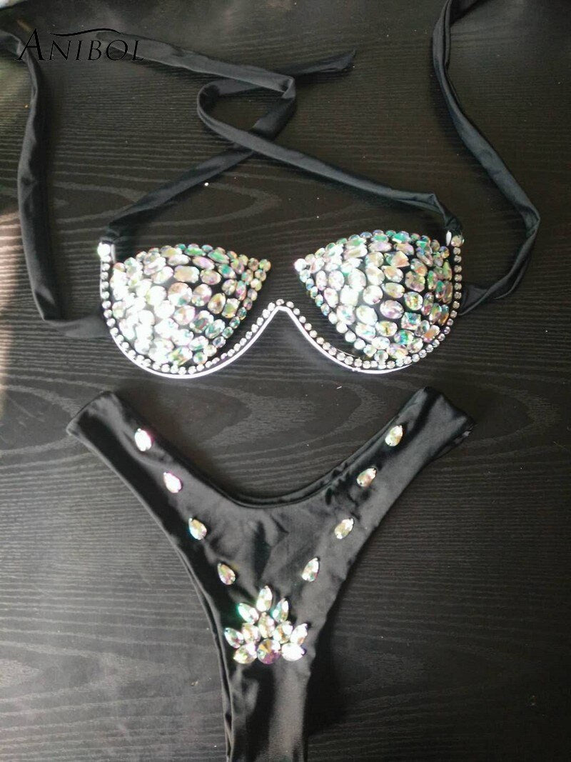 Rhinestone Triangle Bikini Luxury Crystal Diamond Women's Swimsuit Sexy Push Up Gathered Swimwear Biquini F094black