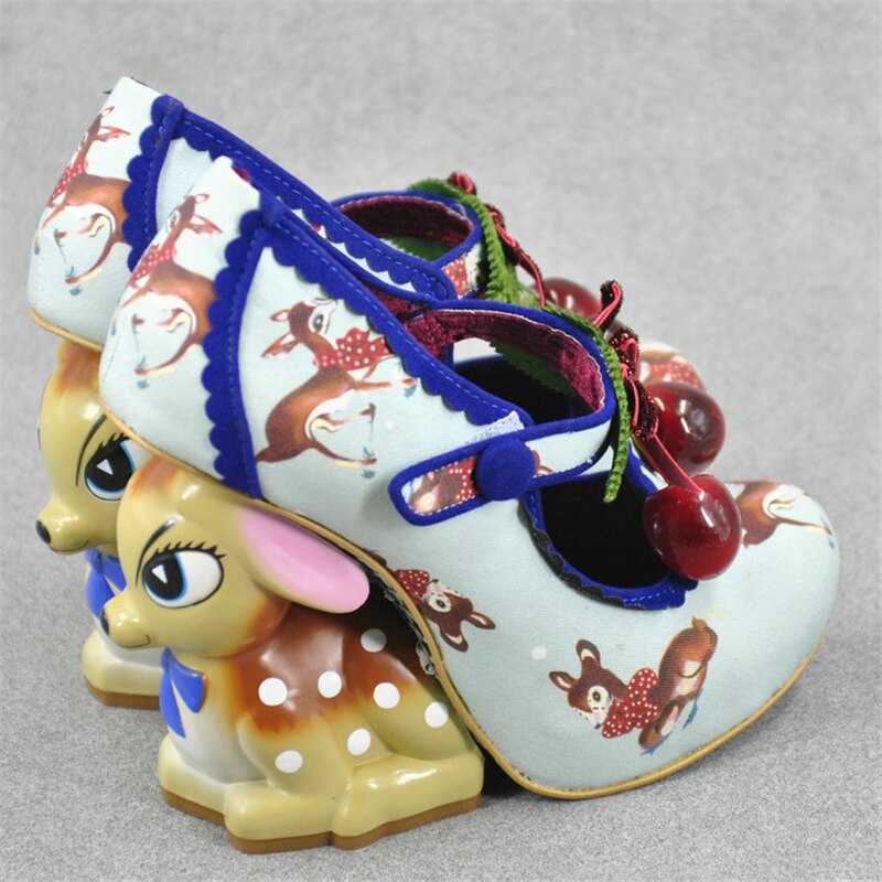 Vivid Painted Deer Heel Bridal Wedding Shoes Design Cherry Belt Buckle Printed Color Strange High Heel Shoes Woman