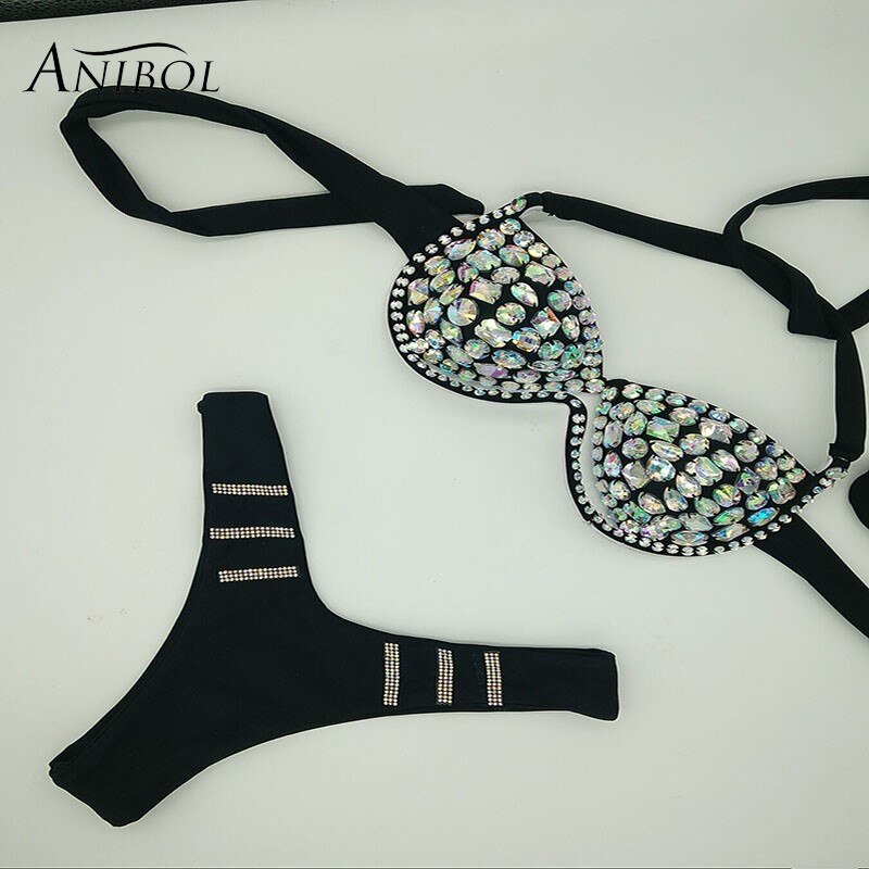 Rhinestone Triangle Bikini Luxury Crystal Diamond Women's Swimsuit Sexy Push Up Gathered Swimwear Biquini F102black