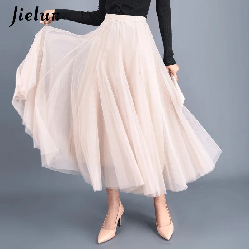 Jielur Skirts Womens Autumn 3 Layers Princess Tulle Mesh Pleated Skirt Saia Female Jupe Summer Tutu Skirts Faldas Mujer Moda Beige One Size