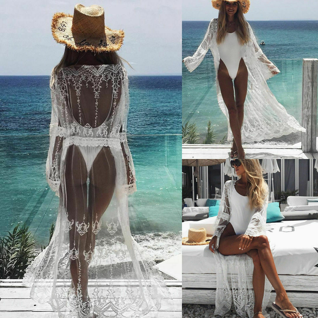 Sarong Lace Maxi Bikini Cover Up Pareo white beach dress Long Chiffon See Through Crochet Cardigan robe de plage