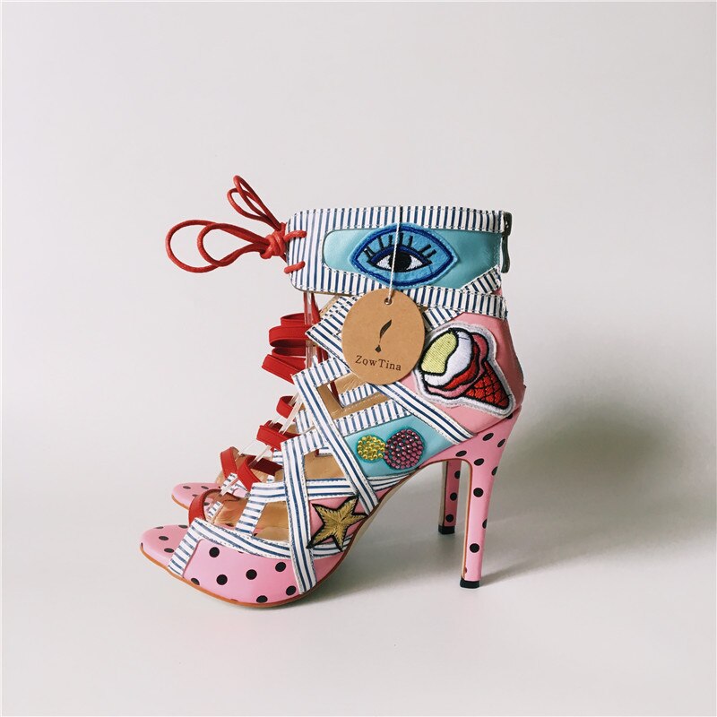 Women Summer Sandals Colorful Embroider High Heels Sandalias Fashion Zapatos Mujer Lace Up Pumps Prom Booties