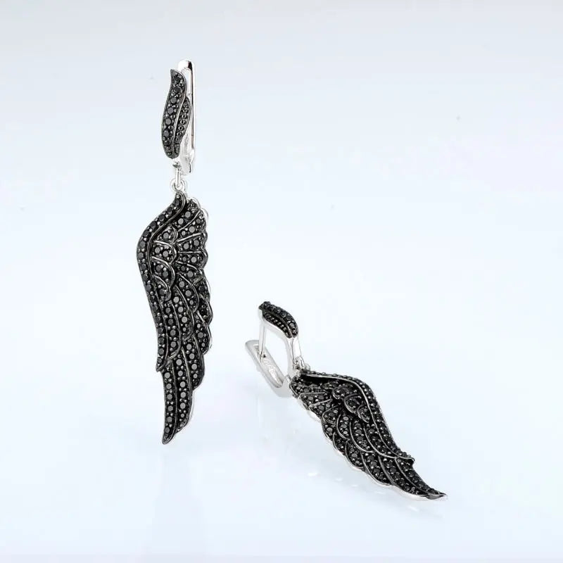 SANTUZZA Silver Earrings For Women Pure 925 Sterling Silver Black Spinel Angel's Wing Elegant brincos Dangling Fine Jewelry