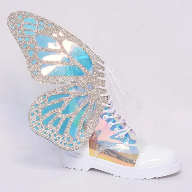 Butterfly Wings Women Shoes Shine Silver Leather Flat Sneakers Lace Up Women's ankle boots high-top Leisure Platform Shoes 2024 Gold