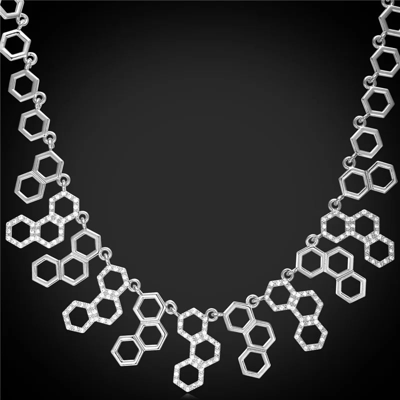 U7 Hexagonal Jewelry New Trendy Molecule Necklace For Women Gold Color Party Statement H2O Necklace N546 Silver Plated