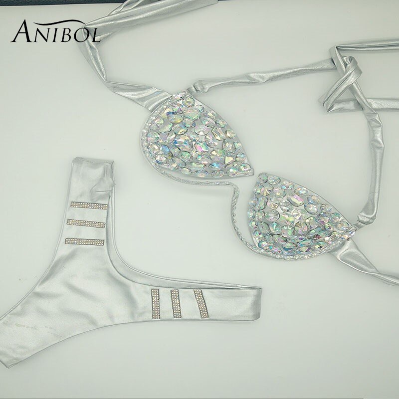 Rhinestone Triangle Bikini Luxury Crystal Diamond Women's Swimsuit Sexy Push Up Gathered Swimwear Biquini F102silver