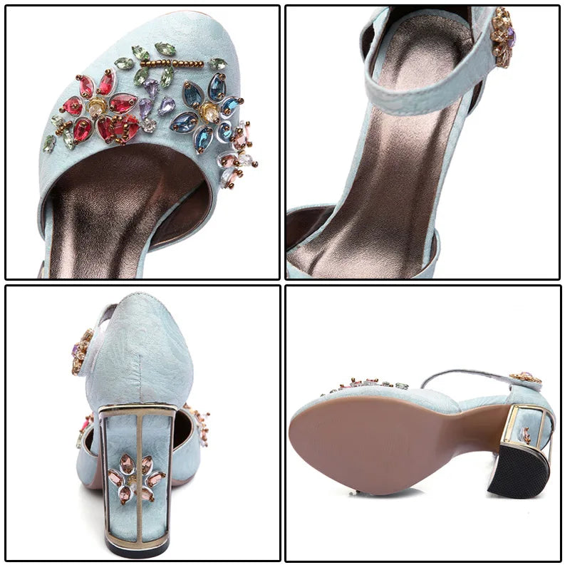 Autumn Crystal Flower Mary Janes Women Pumps Shoes Woman Sandals Strange High Heel Party Shoes Handmade Rhinestone Wedding Shoes