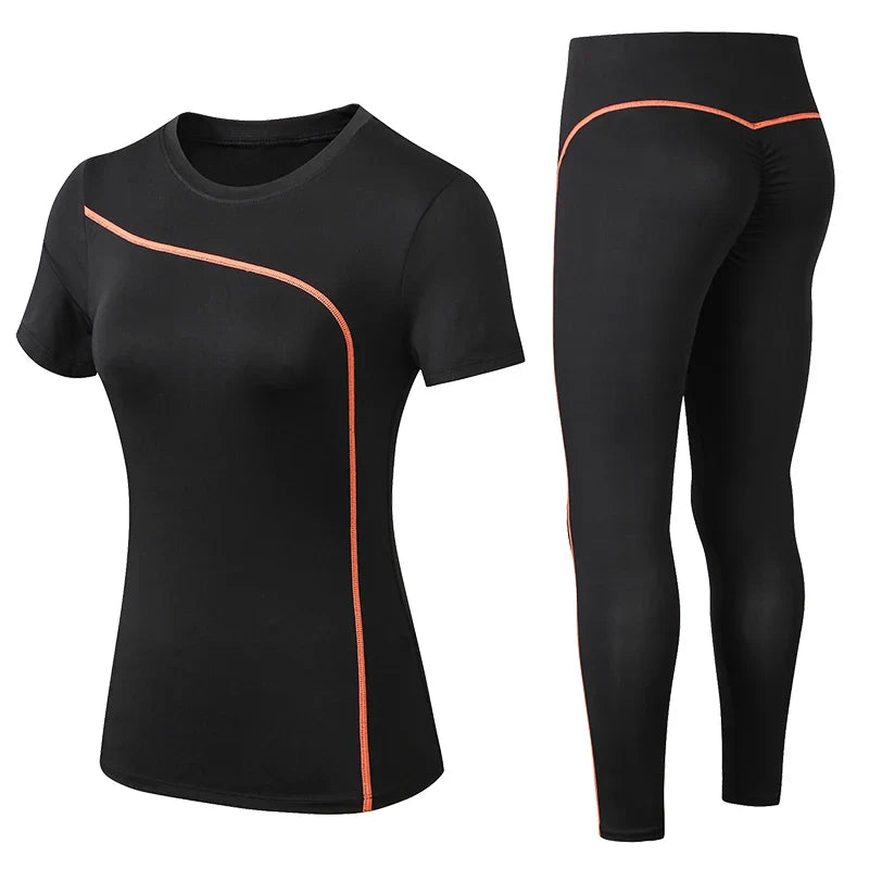 Yoga Set Quick Dry 2 Piece Female Short-sleeved long Pants Outdoor Sportswear Fitness suit Plus Size Sport outfit for woman Orange