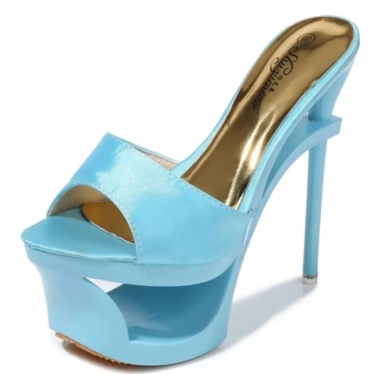Shoes Woman Summer Slippers Sliders Female+Shoes 2024 Platform Silk Strange Style Heel 15cm Satin Face Shoes Sandalias Mujer SKY BLUE