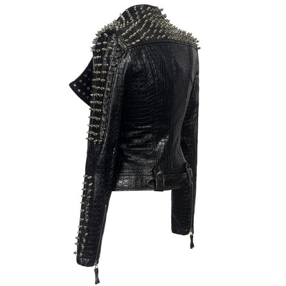SX Occident Mode femmes Club style chaud Goujon coupe ajustée veste épaule rivets fermeture éclair couture courte PU cuir rock manteau 