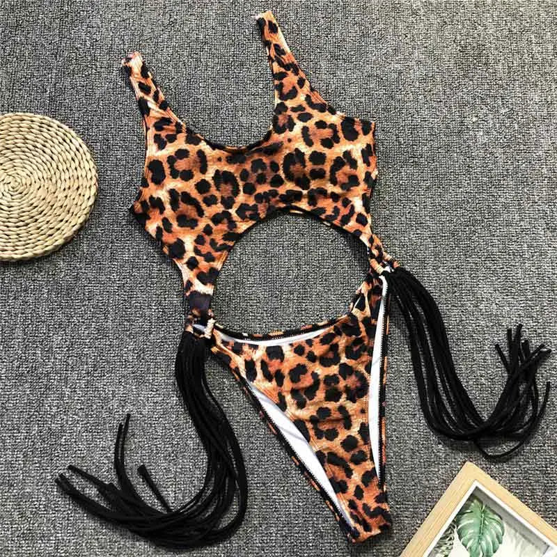 2023 New Sexy Leopard Swimwear Tummy Cut Out One Piece Swimsuit Female Tassel Bather Hollow Out Bathing Suit Swim Wear Lady 3880 3880 NO 4