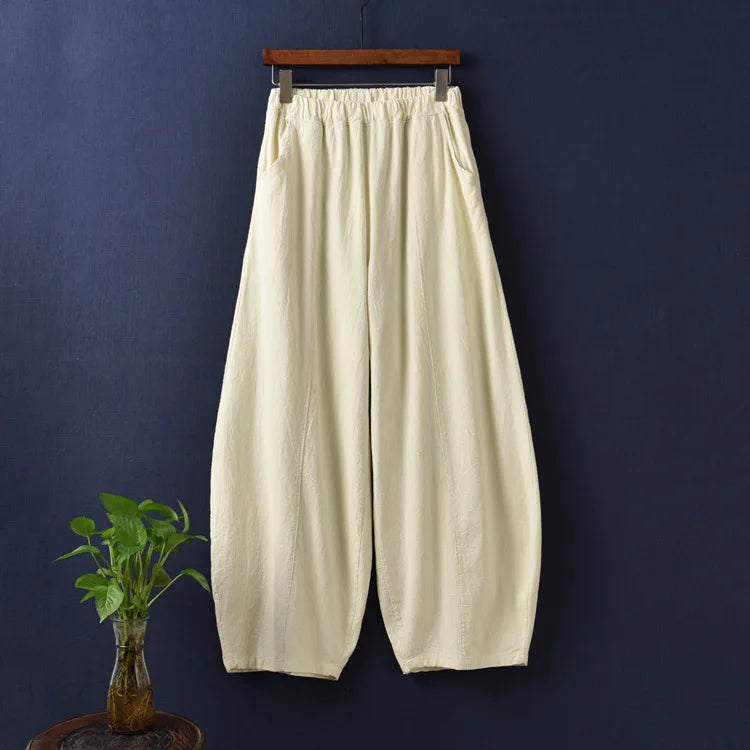 Johnature Casual Style Cotton Linen Women Pants Spring Summer New Elastic Waist Solid Color Women Vintage Wide Leg Pants Beige One Size
