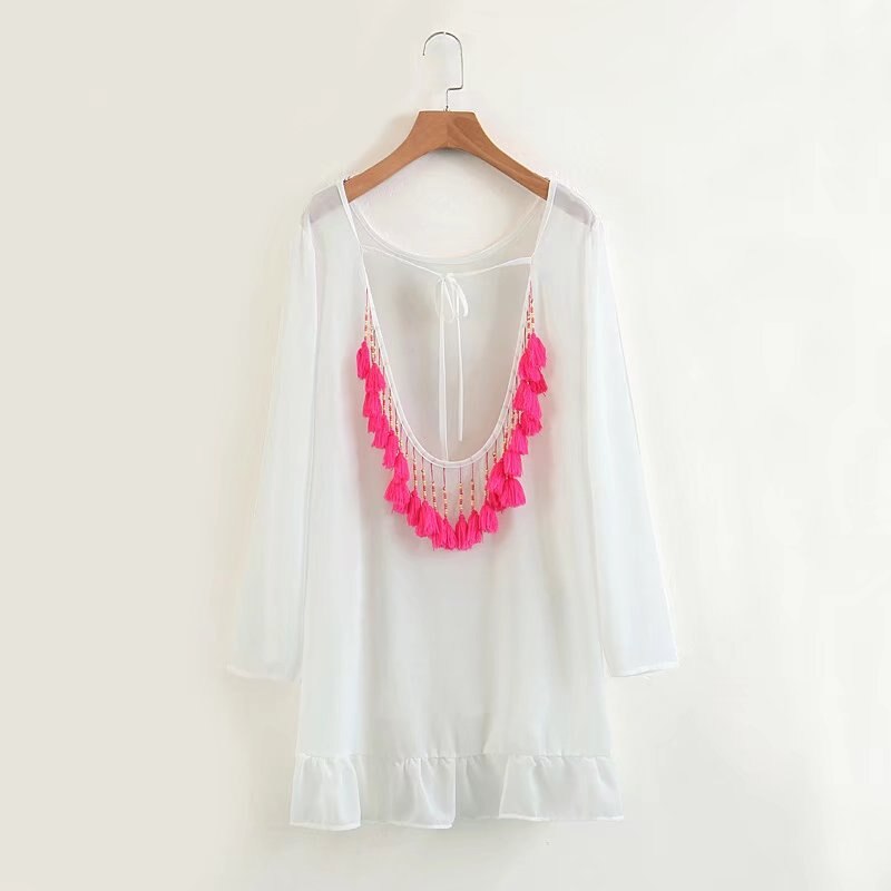 Sexy Backless Tassel Bikini Cover Up Chiffon Summer Beach Dress Swimwear White One Size