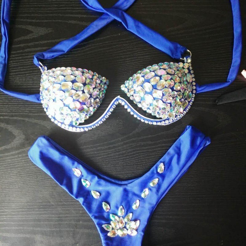 Rhinestone Triangle Bikini Luxury Crystal Diamond Women's Swimsuit Sexy Push Up Gathered Swimwear Biquini F094blue