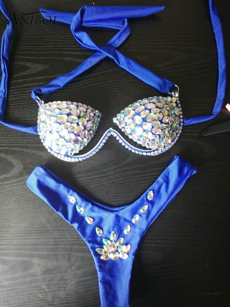 Rhinestone Triangle Bikini Luxury Crystal Diamond Women's Swimsuit Sexy Push Up Gathered Swimwear Biquini F094blue