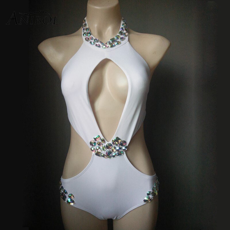 Sexy Backless Rhinestone Women Swimsuit Crystal Diamond One-Piece Swimwear Hollow Out Halter Bathing Suit Girls White