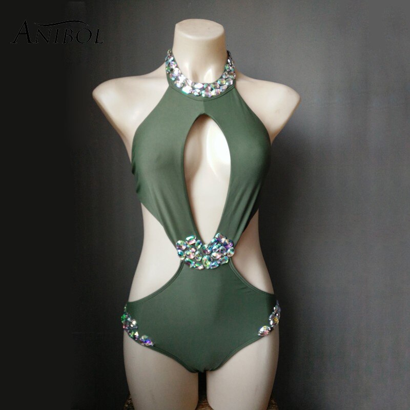 Sexy Backless Rhinestone Women Swimsuit Crystal Diamond One-Piece Swimwear Hollow Out Halter Bathing Suit Girls Army Green