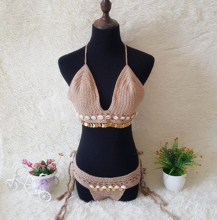 Shell Crochet 2 Pieces Bikini Set Sexy - Adjustable Strings Swimsuit Bra Wrapped Chest - Bikinis Handmade Knitted Swimwear S0683 3