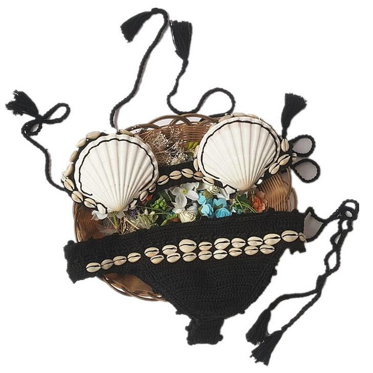 Shell Crochet 2 Pieces Bikini Set Sexy - Adjustable Strings Swimsuit Bra Wrapped Chest - Bikinis Handmade Knitted Swimwear