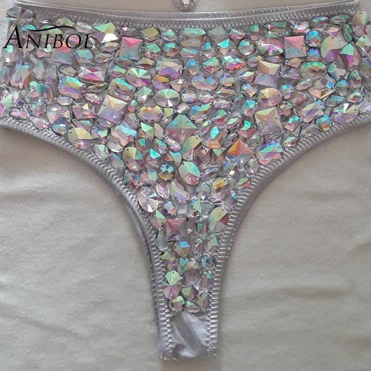 Sexy Push Up Bikini Luxury Rhinestone Diamond Swimsuit Hand Sewing Crystal Women's Swimwear Summer Beach Wear Biquini Silver bottom