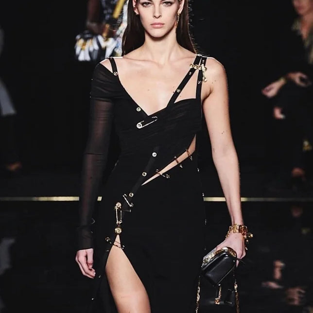 Black Long Sleeve One Shoulder Open Fork Rayon Bandage Dress Cocktail Party Bodycon Dress