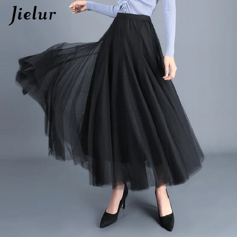 Jielur Skirts Womens Autumn 3 Layers Princess Tulle Mesh Pleated Skirt Saia Female Jupe Summer Tutu Skirts Faldas Mujer Moda black One Size