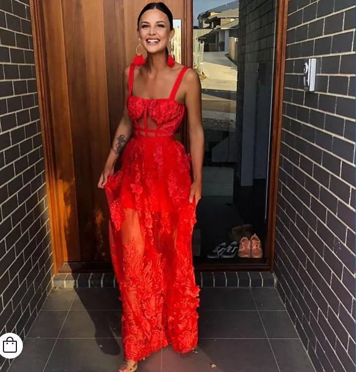 Red Lace Sleeveless Hollow Out Long Rayon Bandage Dress Evening Party Cute Dress