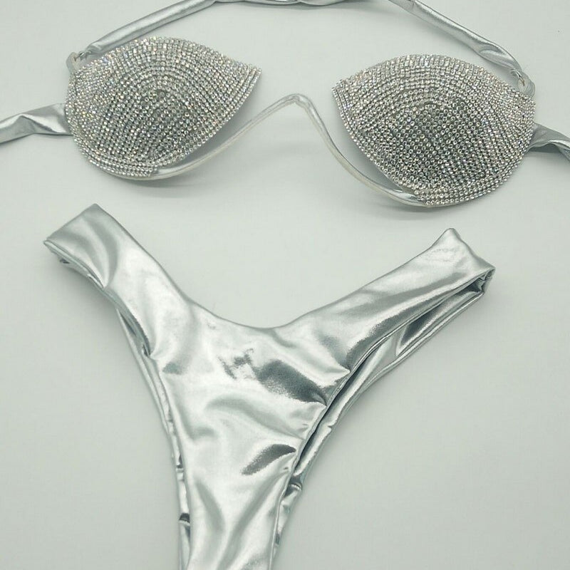 Sexy Crystal Diamond Triangle Bikini Rhinestone Push Up Women’s Swimwear Shiny Gathered Thong Swimsuit Silver