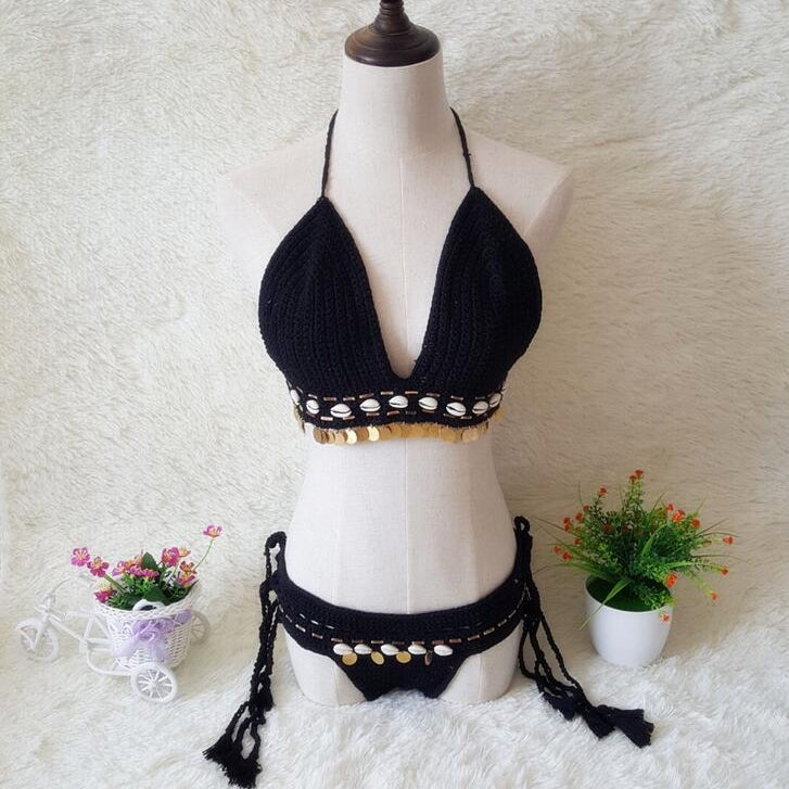 Shell Crochet 2 Pieces Bikini Set Sexy - Adjustable Strings Swimsuit Bra Wrapped Chest - Bikinis Handmade Knitted Swimwear S0683 1