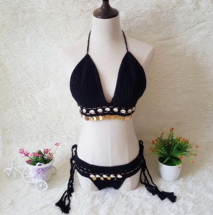 Shell Crochet 2 Pieces Bikini Set Sexy - Adjustable Strings Swimsuit Bra Wrapped Chest - Bikinis Handmade Knitted Swimwear S0683 1