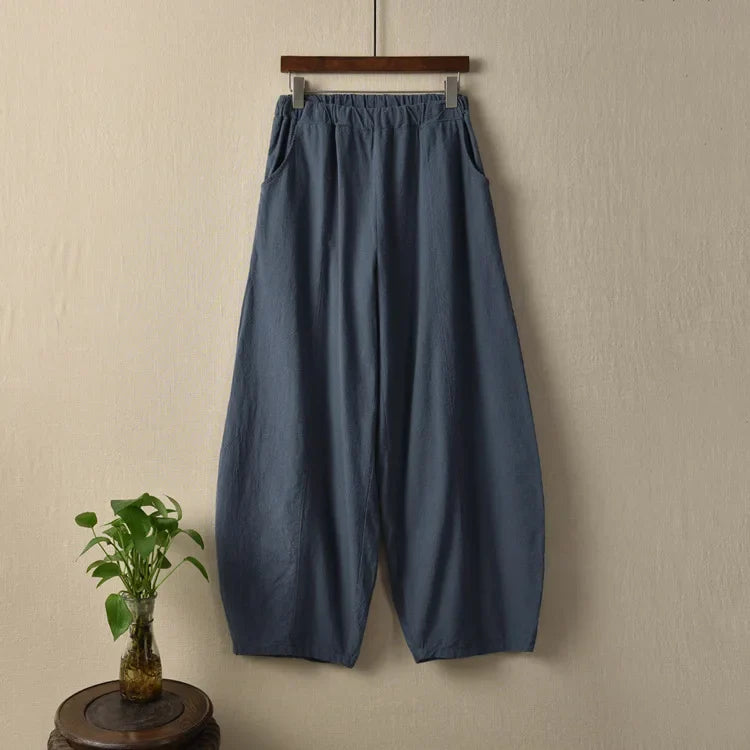 Johnature Casual Style Cotton Linen Women Pants Spring Summer New Elastic Waist Solid Color Women Vintage Wide Leg Pants Gray One Size