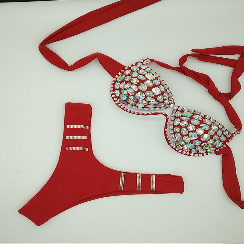 Rhinestone Triangle Bikini Luxury Crystal Diamond Women's Swimsuit Sexy Push Up Gathered Swimwear Biquini F102red