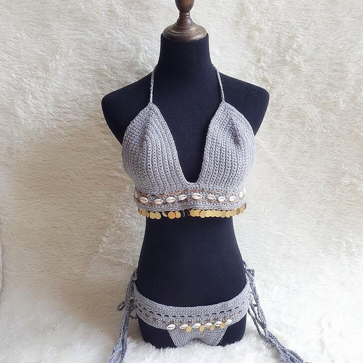 Shell Crochet 2 Pieces Bikini Set Sexy - Adjustable Strings Swimsuit Bra Wrapped Chest - Bikinis Handmade Knitted Swimwear S0683 2