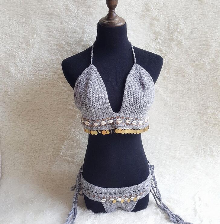 Shell Crochet 2 Pieces Bikini Set Sexy - Adjustable Strings Swimsuit Bra Wrapped Chest - Bikinis Handmade Knitted Swimwear S0683 2