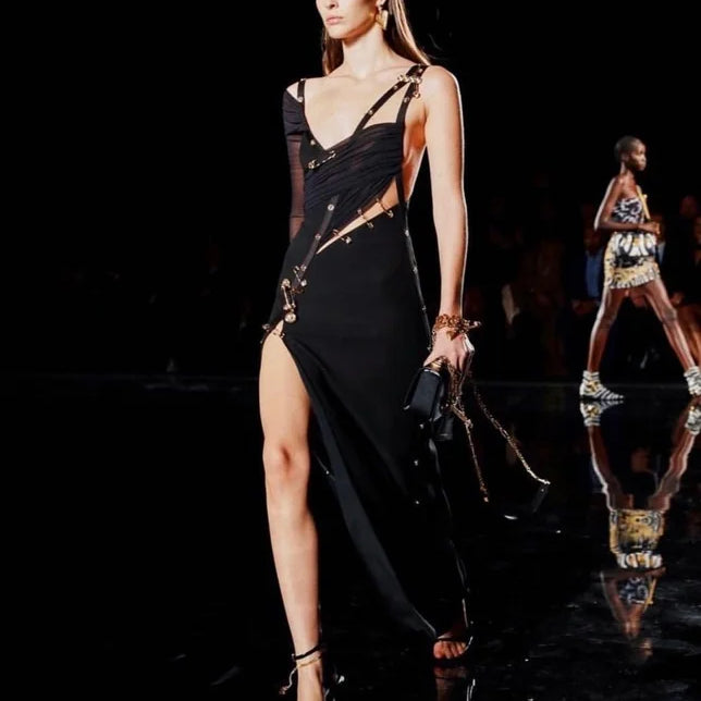 Black Long Sleeve One Shoulder Open Fork Rayon Bandage Dress Cocktail Party Bodycon Dress