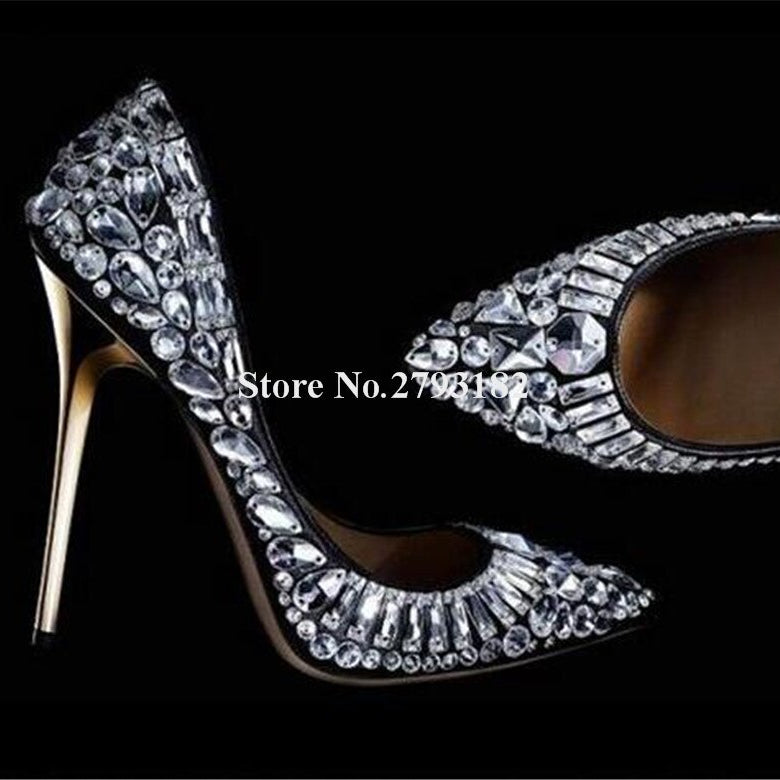 Women Luxurious Pointed Toe Bling Bling Rhinestone Stiletto Heel Pumps Black White Crystal High Heels Wedding Dress Shoes