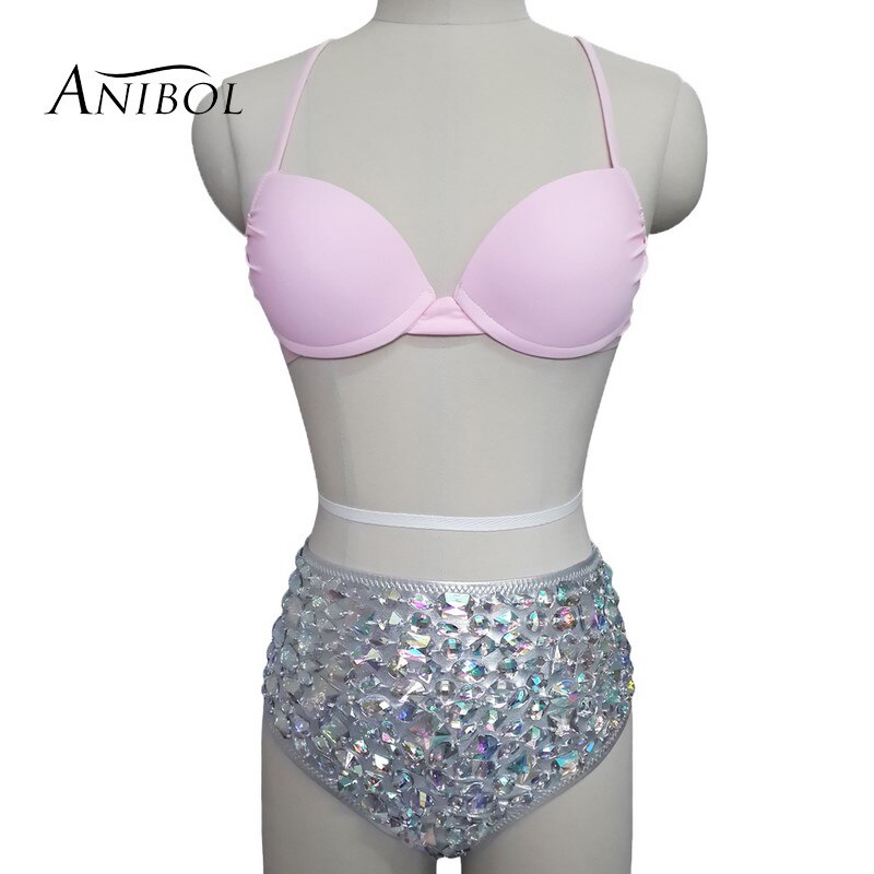 Sexy Push Up Bikini Luxury Rhinestone Diamond Swimsuit Hand Sewing Crystal Women's Swimwear Summer Beach Wear Biquini Silver without chain