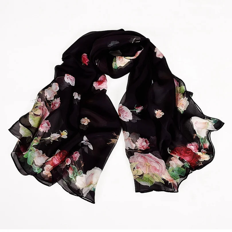 [BYSIFA] White 100% Silk Scarf Cape Fashion Floral Design Long Scarves Women Summer Utralong Beach Shawl Winter Scarves180*110cm black roses